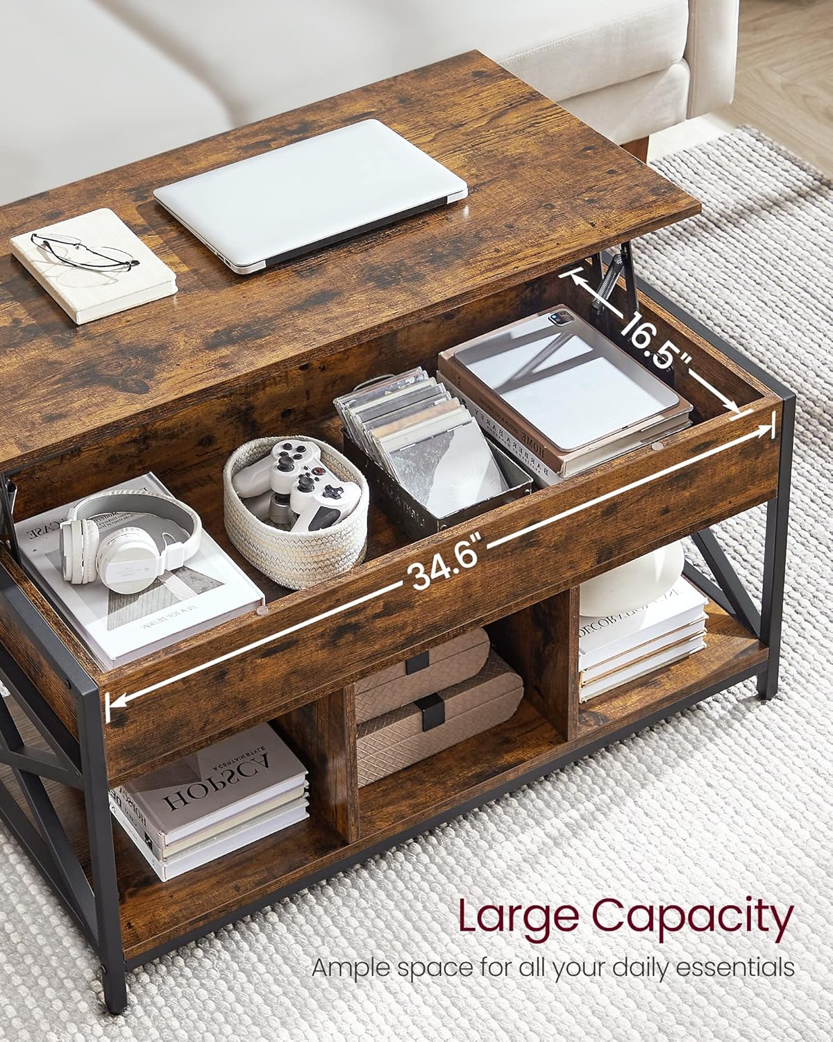 Lift Top Coffee Table with Hidden Storage & 3 Open Shelves – Industrial Living Room Table Rustic Brown & Black LCT202B01V1
