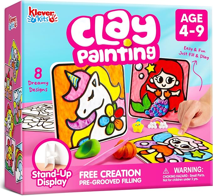 Klever Kits Air Dry Clay Painting Kit – 8 Pre-Grooved Art Boards for Kids, Non-Toxic Craft Set