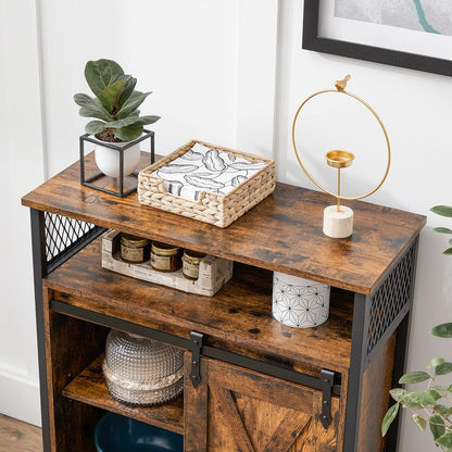 Industrial Storage Cabinet with Sliding Barn Door, Sideboard Buffet Cabinet with Adjustable Shelf and Open Storage for Entryway, Living Room, Kitchen and Office Rustic Brown and Black LSC089B01