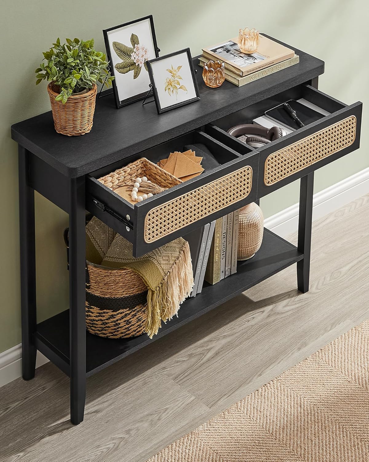 Boho Console Table with Drawers and Storage Shelf, Narrow Entryway Table, Sofa Table for Hallway, Living Room and Bedroom