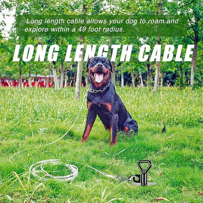SELEWARE 49 FT Heavy-Duty Dog Tie-Out Cable & Spiral Stake – Stainless Steel Cable for Large Dogs Up to 220 lbs
