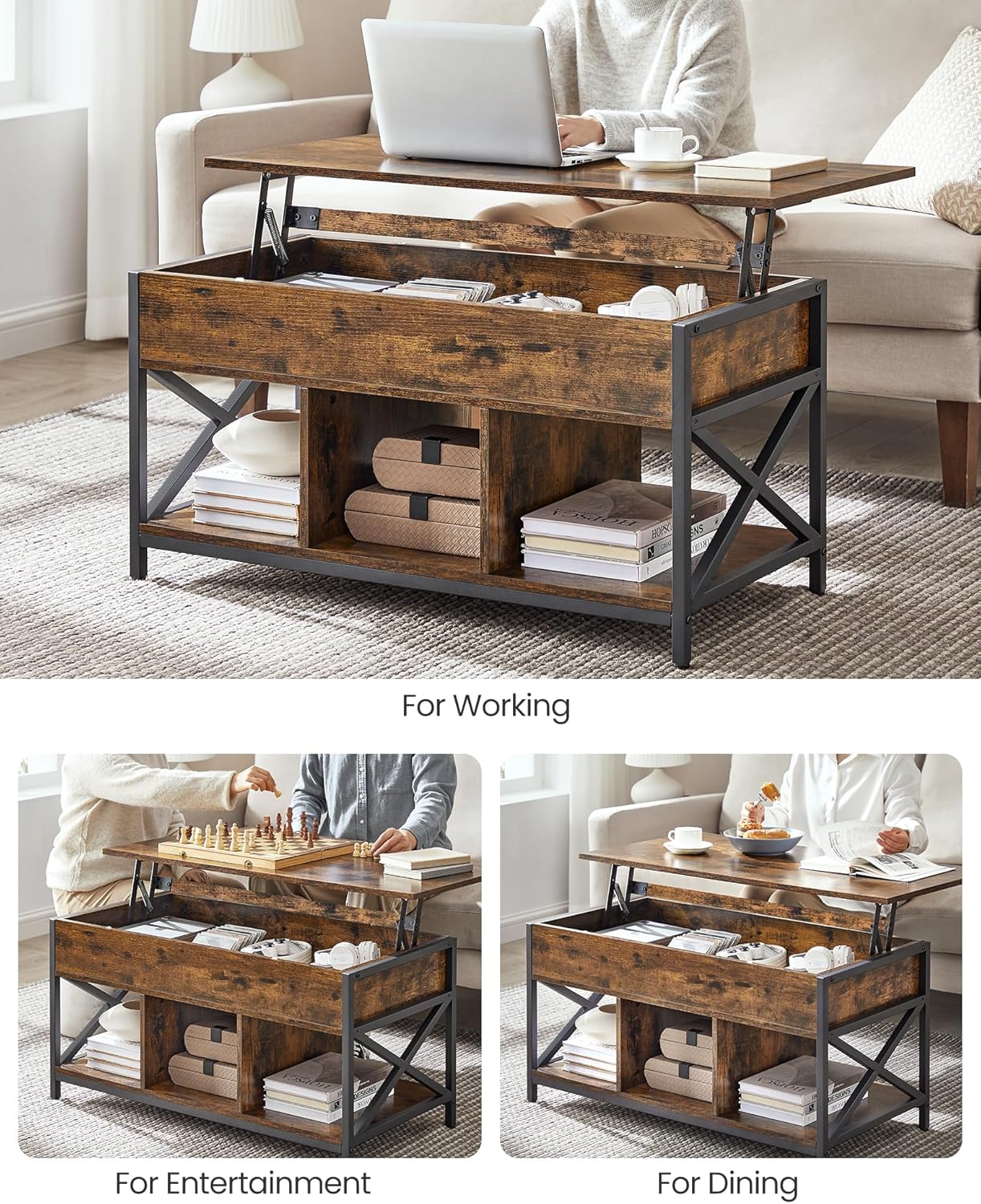 Lift Top Coffee Table with Hidden Storage & 3 Open Shelves – Industrial Living Room Table Rustic Brown & Black LCT202B01V1