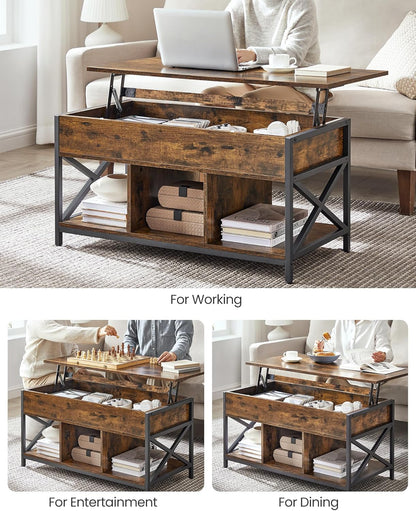 Lift Top Coffee Table with Hidden Storage & 3 Open Shelves – Industrial Living Room Table Rustic Brown & Black LCT202B01V1