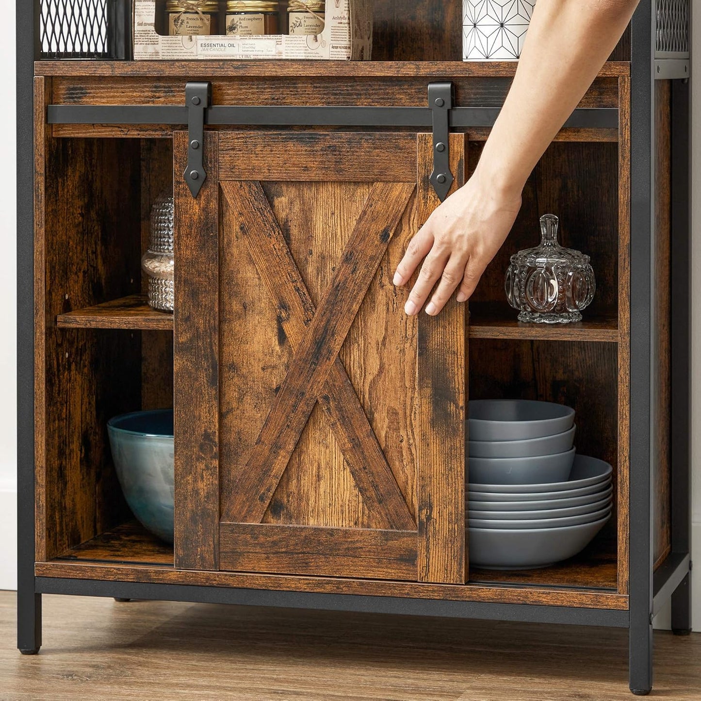 Industrial Storage Cabinet with Sliding Barn Door, Sideboard Buffet Cabinet with Adjustable Shelf and Open Storage for Entryway, Living Room, Kitchen and Office Rustic Brown and Black LSC089B01