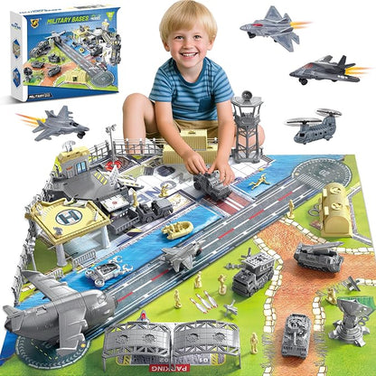 XDUOYJOY Military Base Playset with 11 Army Vehicles, Action Figures & Play Mat – Military Toy Building Set Ages 3+