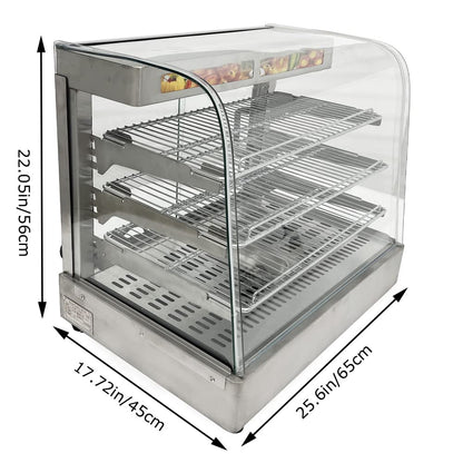 Stainless Steel Food Warmer Display with adjustable shelves
Commercial countertop heated showcase with tempered glass
Food warmer case for restaurant buffet or bakery
Side view of commercial hot food display unit
Interior of stainless steel food warmer with trays