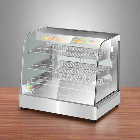 Stainless Steel Food Warmer Display with adjustable shelves
Commercial countertop heated showcase with tempered glass
Food warmer case for restaurant buffet or bakery
Side view of commercial hot food display unit
Interior of stainless steel food warmer with trays