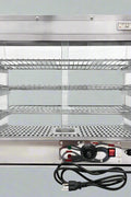Stainless Steel Food Warmer Display with adjustable shelves
Commercial countertop heated showcase with tempered glass
Food warmer case for restaurant buffet or bakery
Side view of commercial hot food display unit
Interior of stainless steel food warmer with trays
