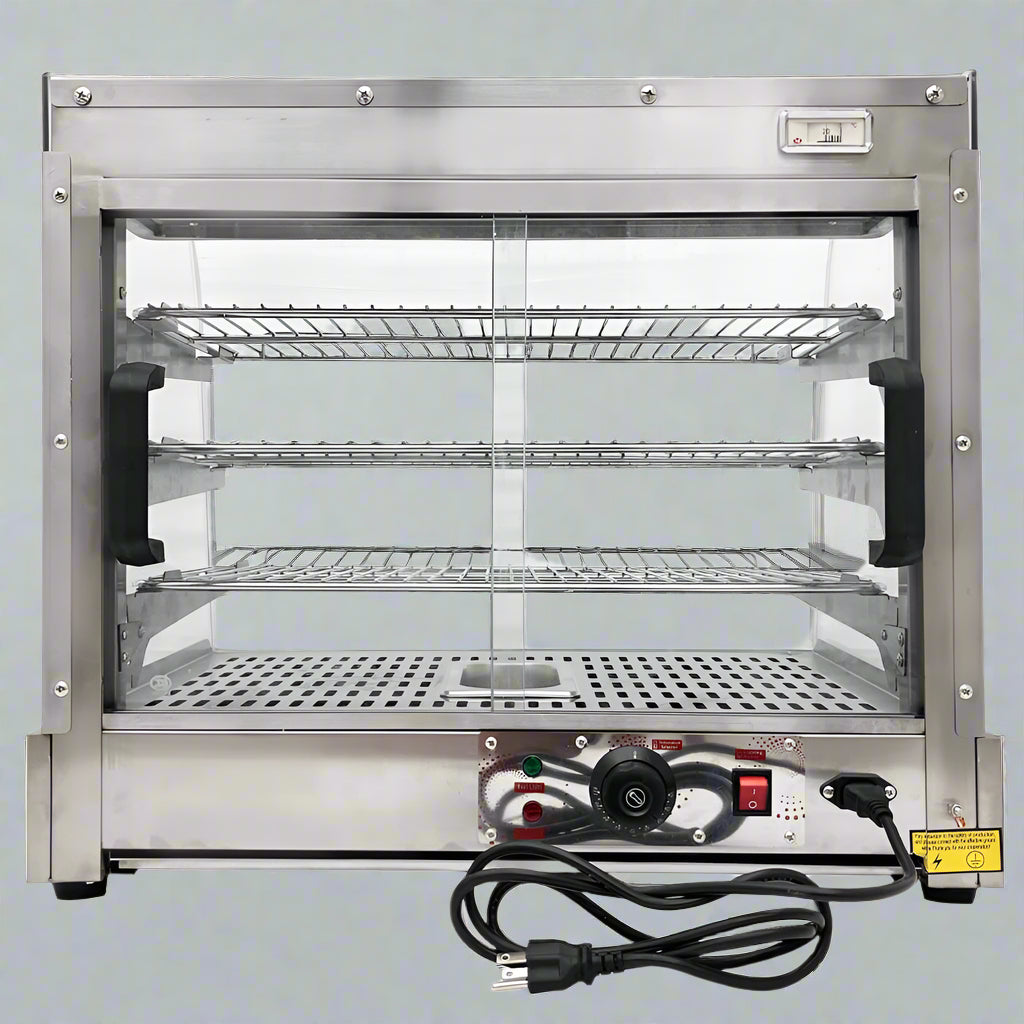 Stainless Steel Food Warmer Display with adjustable shelves
Commercial countertop heated showcase with tempered glass
Food warmer case for restaurant buffet or bakery
Side view of commercial hot food display unit
Interior of stainless steel food warmer with trays