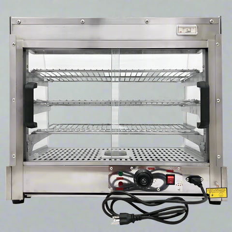 Stainless Steel Food Warmer Display with adjustable shelves
Commercial countertop heated showcase with tempered glass
Food warmer case for restaurant buffet or bakery
Side view of commercial hot food display unit
Interior of stainless steel food warmer with trays