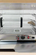 Stainless Steel Food Warmer Display with adjustable shelves
Commercial countertop heated showcase with tempered glass
Food warmer case for restaurant buffet or bakery
Side view of commercial hot food display unit
Interior of stainless steel food warmer with trays