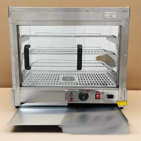 Stainless Steel Food Warmer Display with adjustable shelves
Commercial countertop heated showcase with tempered glass
Food warmer case for restaurant buffet or bakery
Side view of commercial hot food display unit
Interior of stainless steel food warmer with trays