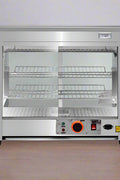 Stainless Steel Food Warmer Display with adjustable shelves
Commercial countertop heated showcase with tempered glass
Food warmer case for restaurant buffet or bakery
Side view of commercial hot food display unit
Interior of stainless steel food warmer with trays