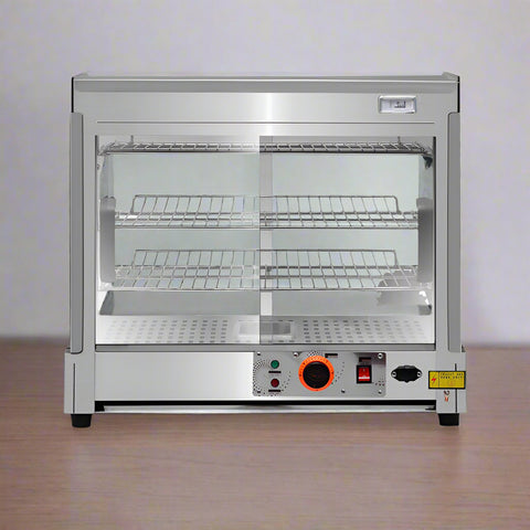 Stainless Steel Food Warmer Display with adjustable shelves
Commercial countertop heated showcase with tempered glass
Food warmer case for restaurant buffet or bakery
Side view of commercial hot food display unit
Interior of stainless steel food warmer with trays