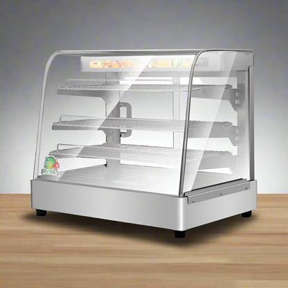 Stainless Steel Food Warmer Display with adjustable shelves
Commercial countertop heated showcase with tempered glass
Food warmer case for restaurant buffet or bakery
Side view of commercial hot food display unit
Interior of stainless steel food warmer with trays