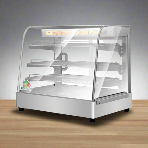 Stainless Steel Food Warmer Display with adjustable shelves
Commercial countertop heated showcase with tempered glass
Food warmer case for restaurant buffet or bakery
Side view of commercial hot food display unit
Interior of stainless steel food warmer with trays