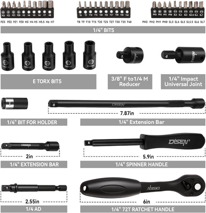 94-Piece 1/4" Drive SAE & Metric Socket, Ratchet, Torx Bit & Adapter Tool Set IS9414 - with | Sold by Uncle Wiener's Wholesale