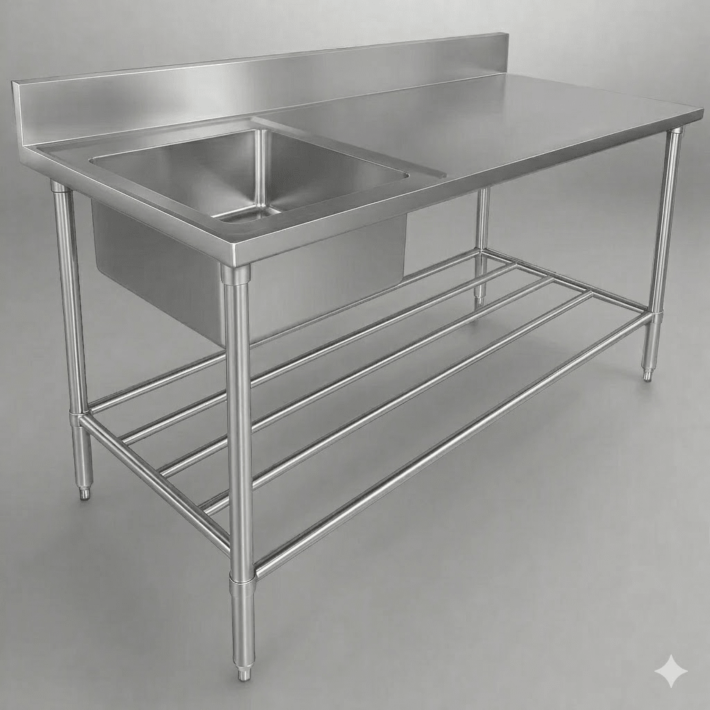 94" Single Bowl Stainless Steel Sink Table – Commercial Prep Station with Undershelf (SS1724L/SS1724R) - Furniture with Sink on Left | Sold by Uncle Wiener's Wholesale