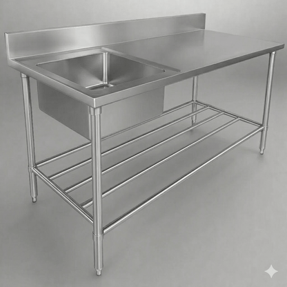 94" Single Bowl Stainless Steel Sink Table – Commercial Prep Station with Undershelf (SS1724L/SS1724R) - Furniture with Sink on Left | Sold by Uncle Wiener's Wholesale