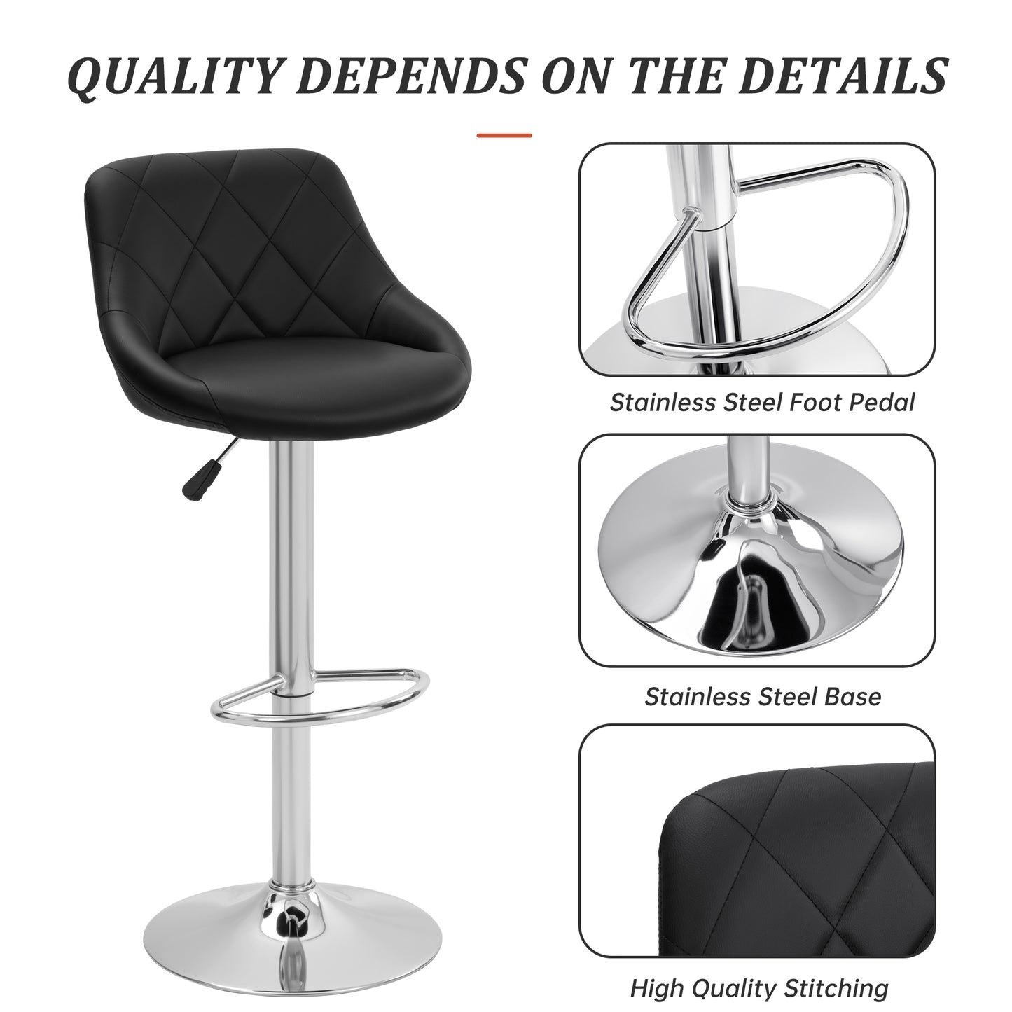 Counter Height Swivel Bar Stools Set of 2 Adjustable PU Leather Bar Chairs with Backrest Chrome Base AMBS372