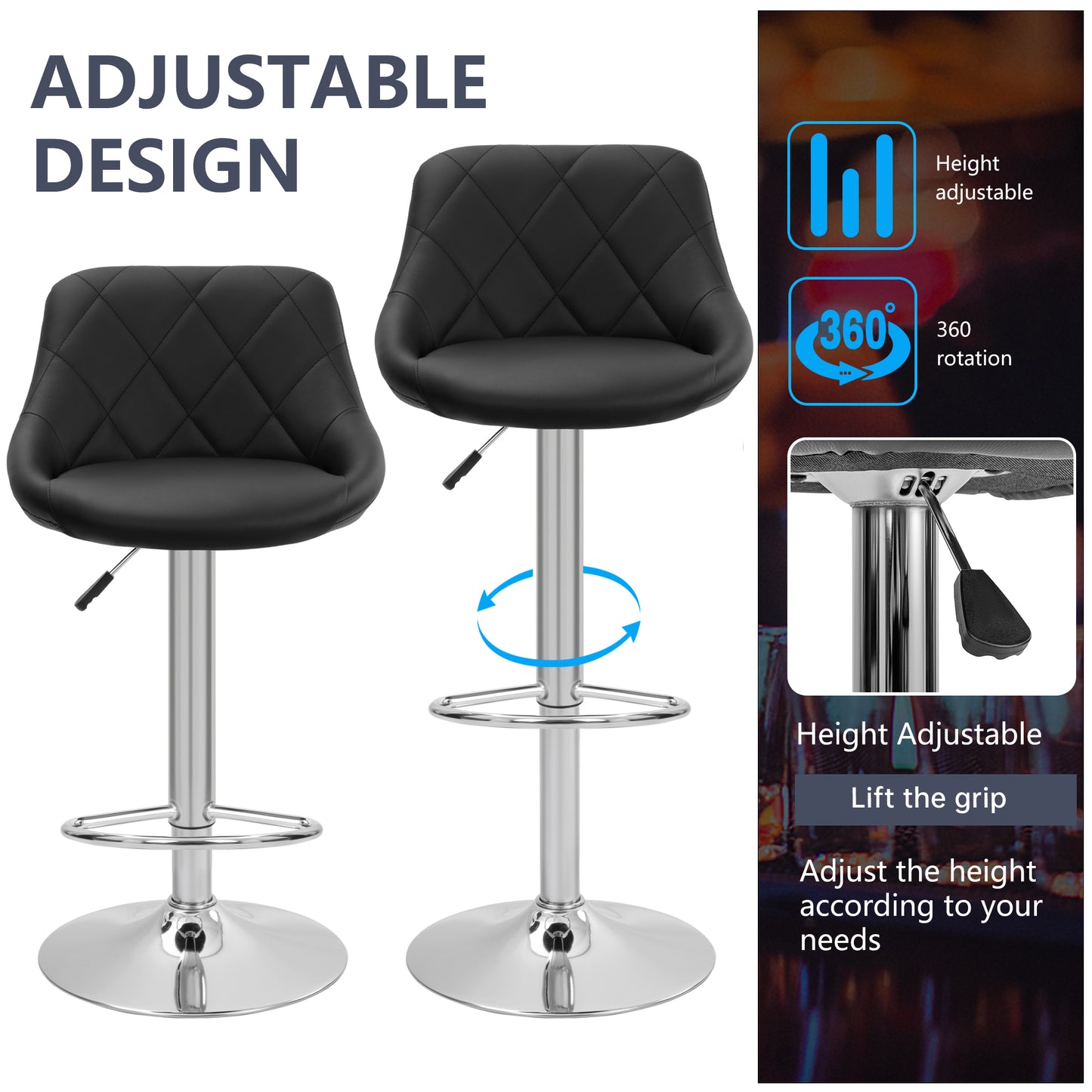 Counter Height Swivel Bar Stools Set of 2 Adjustable PU Leather Bar Chairs with Backrest Chrome Base AMBS372