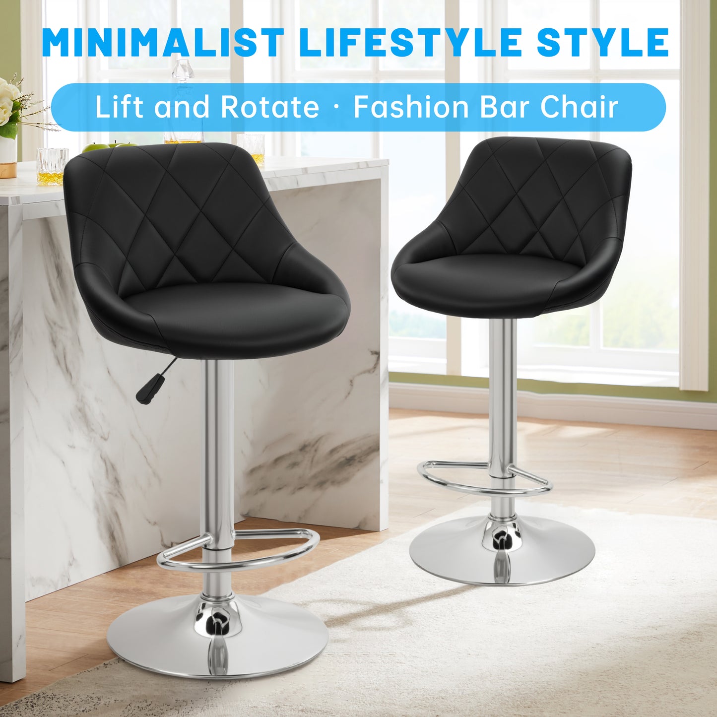 Counter Height Swivel Bar Stools Set of 2 Adjustable PU Leather Bar Chairs with Backrest Chrome Base AMBS372
