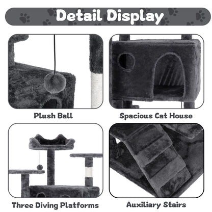 50" Multi-Level Cat Tree Tower Condo Scratching Post with Platforms & Hideaway Grey AMCT788