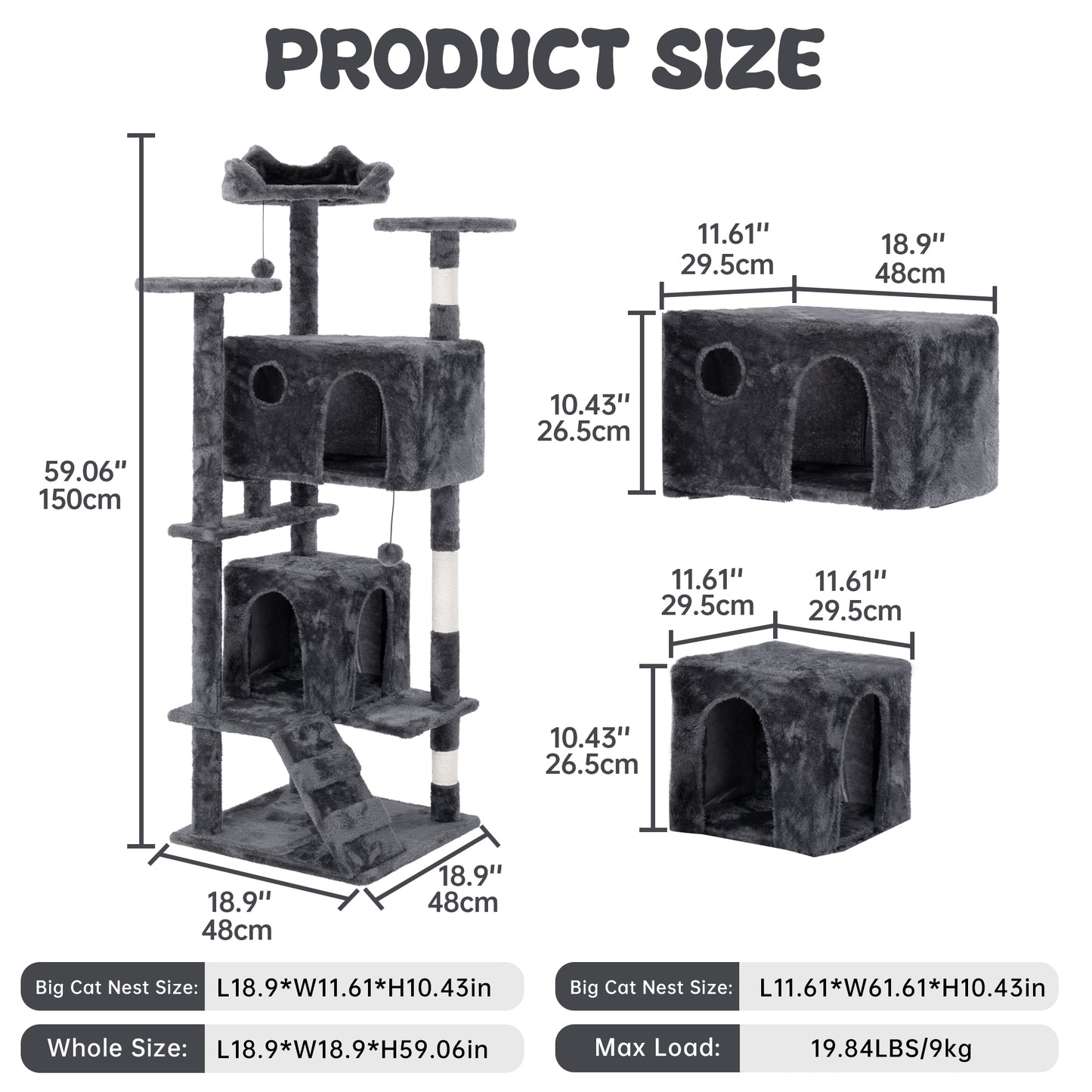 50" Multi-Level Cat Tree Tower Condo Scratching Post with Platforms & Hideaway Grey AMCT788