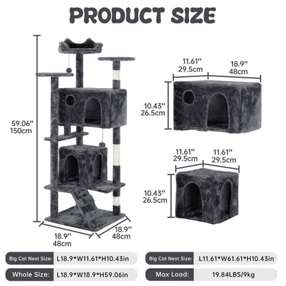 50" Multi-Level Cat Tree Tower Condo Scratching Post with Platforms & Hideaway Grey AMCT788