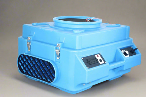 500 CFM HEPA air scrubber for industrial and restoration use
Blue air purifier with 3-stage filtration and duct ports
Portable HEPA air scrubber with handle and GFCI outlet
Side view of HEPA air scrubber with intake filter panel
Top control panel of air cleaner with variable speed settings