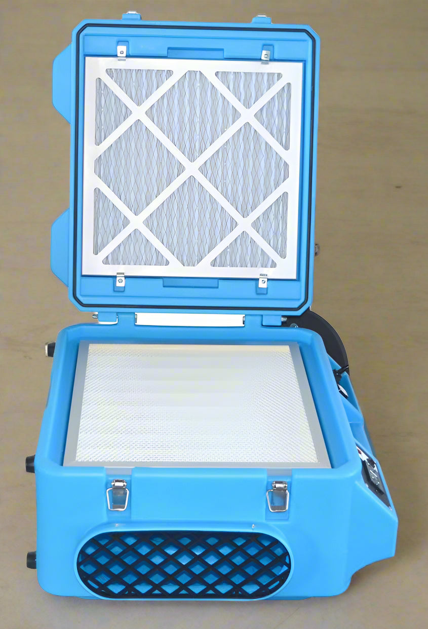 500 CFM HEPA air scrubber for industrial and restoration use
Blue air purifier with 3-stage filtration and duct ports
Portable HEPA air scrubber with handle and GFCI outlet
Side view of HEPA air scrubber with intake filter panel
Top control panel of air cleaner with variable speed settings
