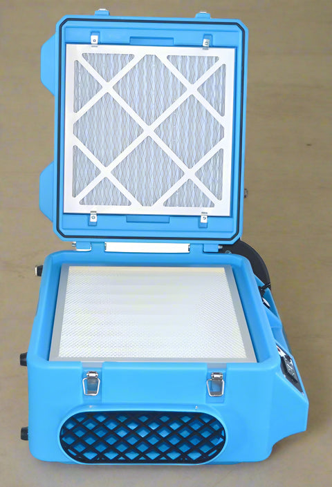 500 CFM HEPA air scrubber for industrial and restoration use
Blue air purifier with 3-stage filtration and duct ports
Portable HEPA air scrubber with handle and GFCI outlet
Side view of HEPA air scrubber with intake filter panel
Top control panel of air cleaner with variable speed settings