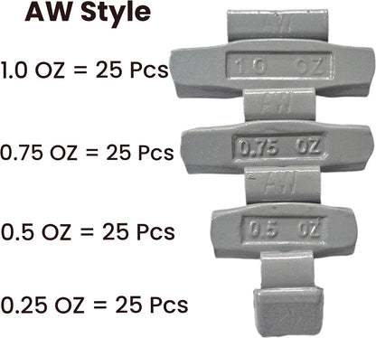 100pc Wheel Weights Set 0.25–1oz Clip-On Assorted Styles