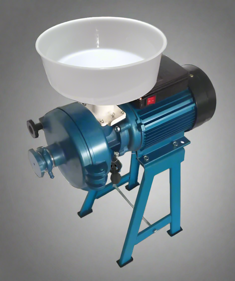 1500W electric flour grain grinding machine with 110V label

Wet and dry grinder next to various ground grains

Grain mill parts and grinding discs in detail

Blue electric grain mill with grinding base

Commercial grinder unit with hopper and frame