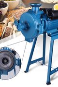 1500W electric flour grain grinding machine with 110V label

Wet and dry grinder next to various ground grains

Grain mill parts and grinding discs in detail

Blue electric grain mill with grinding base

Commercial grinder unit with hopper and frame