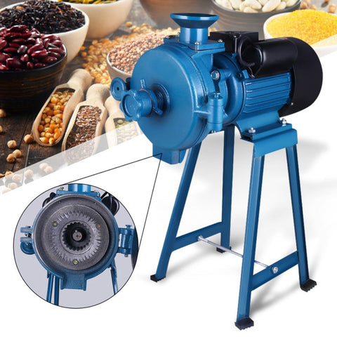 1500W electric flour grain grinding machine with 110V label

Wet and dry grinder next to various ground grains

Grain mill parts and grinding discs in detail

Blue electric grain mill with grinding base

Commercial grinder unit with hopper and frame