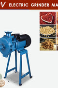 1500W electric flour grain grinding machine with 110V label

Wet and dry grinder next to various ground grains

Grain mill parts and grinding discs in detail

Blue electric grain mill with grinding base

Commercial grinder unit with hopper and frame