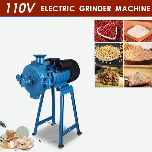 1500W electric flour grain grinding machine with 110V label

Wet and dry grinder next to various ground grains

Grain mill parts and grinding discs in detail

Blue electric grain mill with grinding base

Commercial grinder unit with hopper and frame