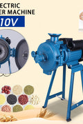 1500W electric flour grain grinding machine with 110V label

Wet and dry grinder next to various ground grains

Grain mill parts and grinding discs in detail

Blue electric grain mill with grinding base

Commercial grinder unit with hopper and frame