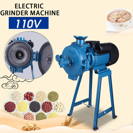 1500W electric flour grain grinding machine with 110V label

Wet and dry grinder next to various ground grains

Grain mill parts and grinding discs in detail

Blue electric grain mill with grinding base

Commercial grinder unit with hopper and frame
