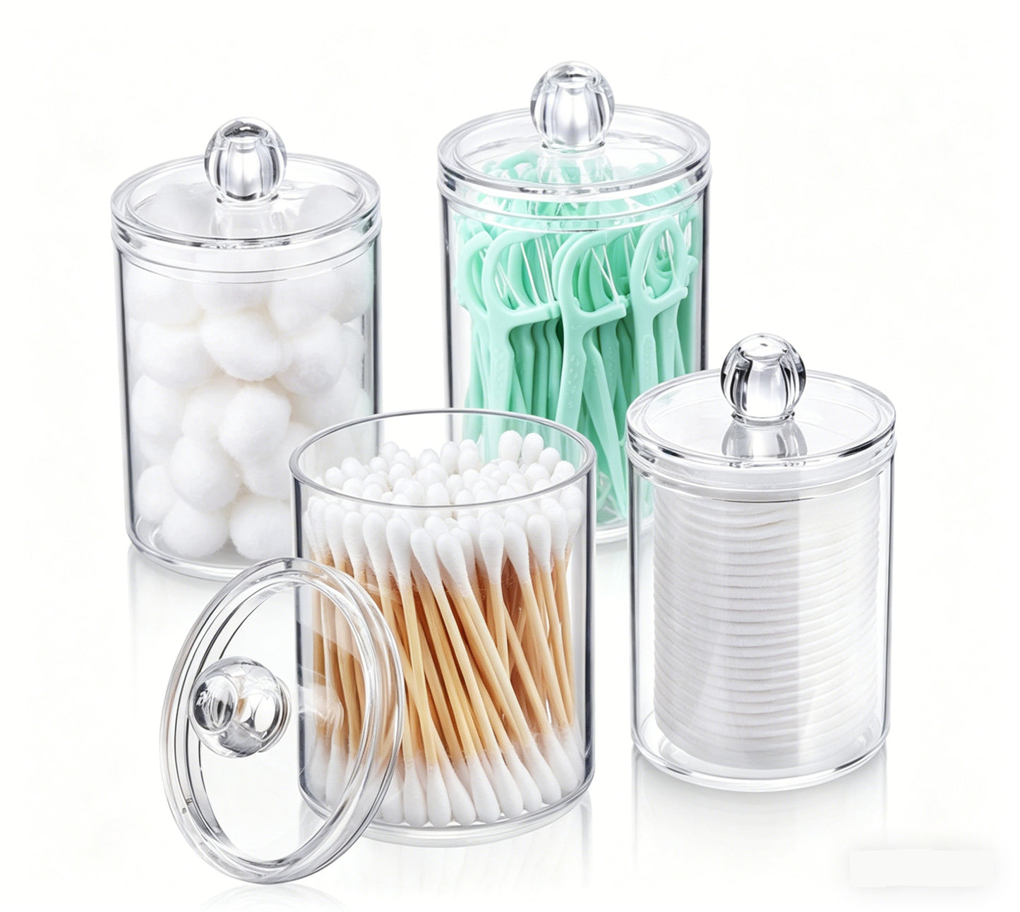 4pc Bathroom Organizer Storage Jars Set 2.8" Clear Cotton Swab Holder Acrylic Containers B004
