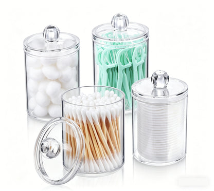 4pc Bathroom Organizer Storage Jars Set 2.8" Clear Cotton Swab Holder Acrylic Containers B004