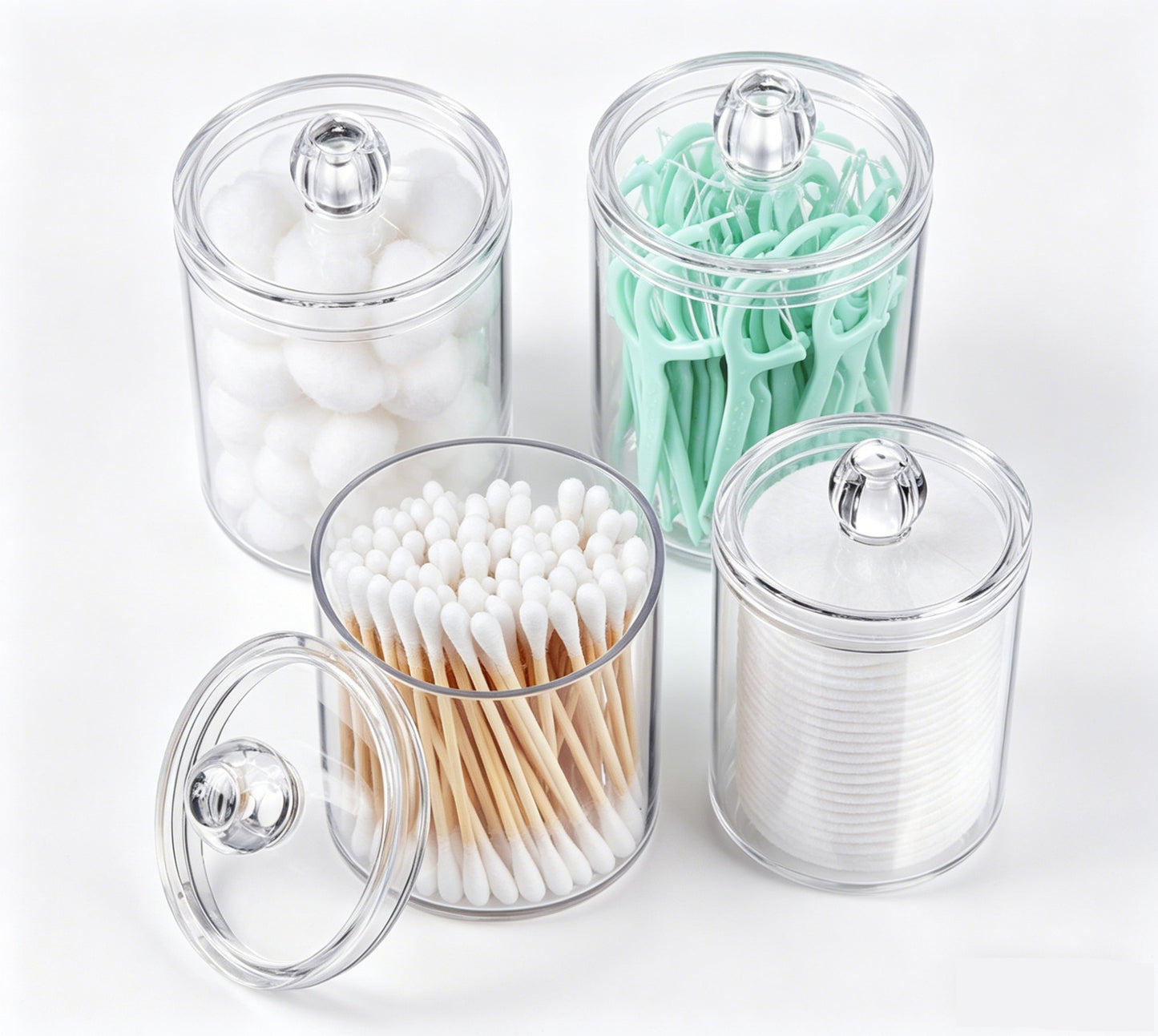 4pc Bathroom Organizer Storage Jars Set 2.8" Clear Cotton Swab Holder Acrylic Containers B004