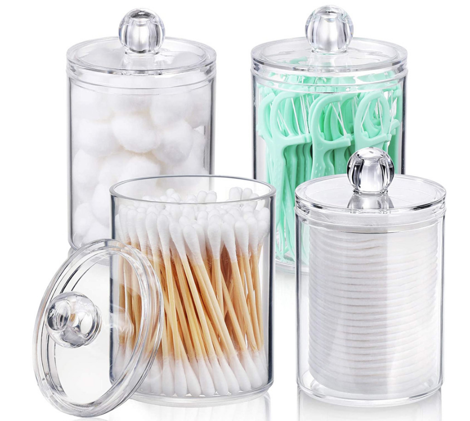 4pc Bathroom Organizer Storage Jars Set 2.8" Clear Cotton Swab Holder Acrylic Containers B004
