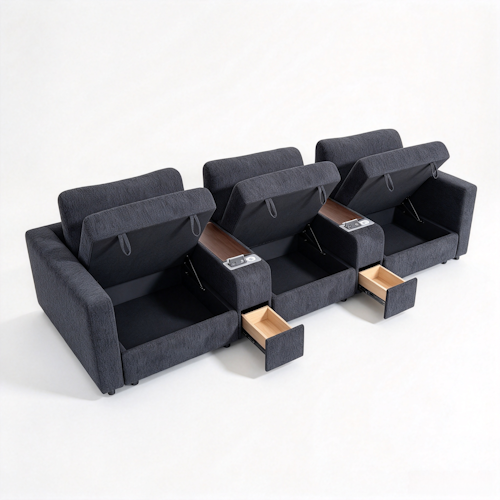 Chenille Linen Fabric Sofa with Storage Seats, Pull-Out Drawers, Console, USB Charging & Wireless Charger BOM132GRY