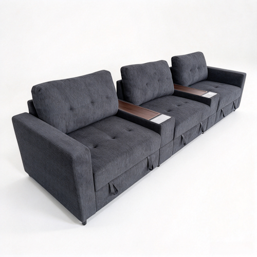 Chenille Linen Fabric Sofa with Storage Seats, Pull-Out Drawers, Console, USB Charging & Wireless Charger BOM132GRY