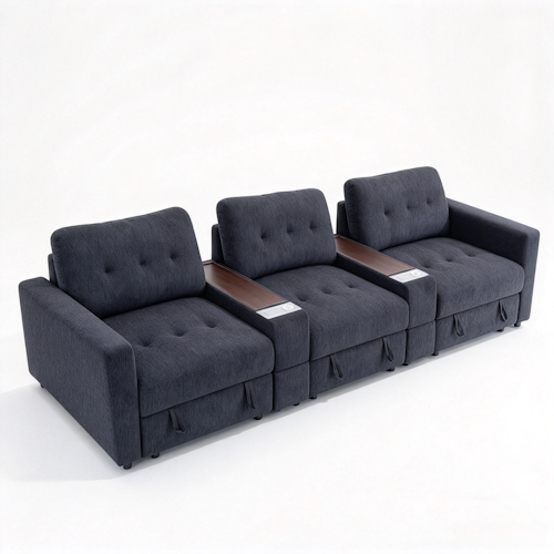 Chenille Linen Fabric Sofa with Storage Seats, Pull-Out Drawers, Console, USB Charging & Wireless Charger BOM132GRY