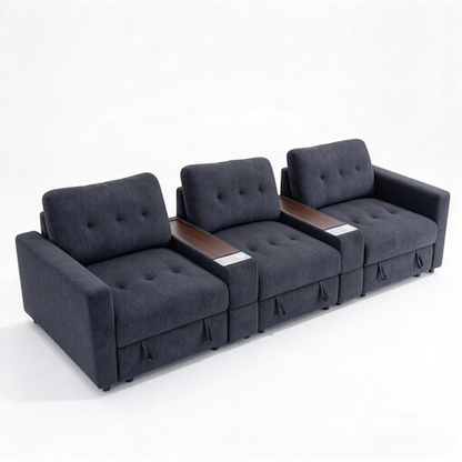 Chenille Linen Fabric Sofa with Storage Seats, Pull-Out Drawers, Console, USB Charging & Wireless Charger BOM132GRY