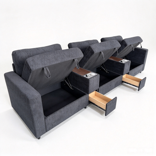 Chenille Linen Fabric Sofa with Storage Seats, Pull-Out Drawers, Console, USB Charging & Wireless Charger BOM132GRY