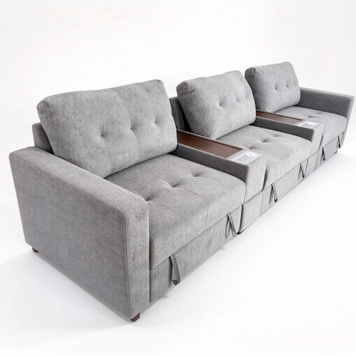Chenille Linen Fabric Sofa with Storage Seats, Pull-Out Drawers, Console, USB Charging & Wireless Charger BOM132GRY